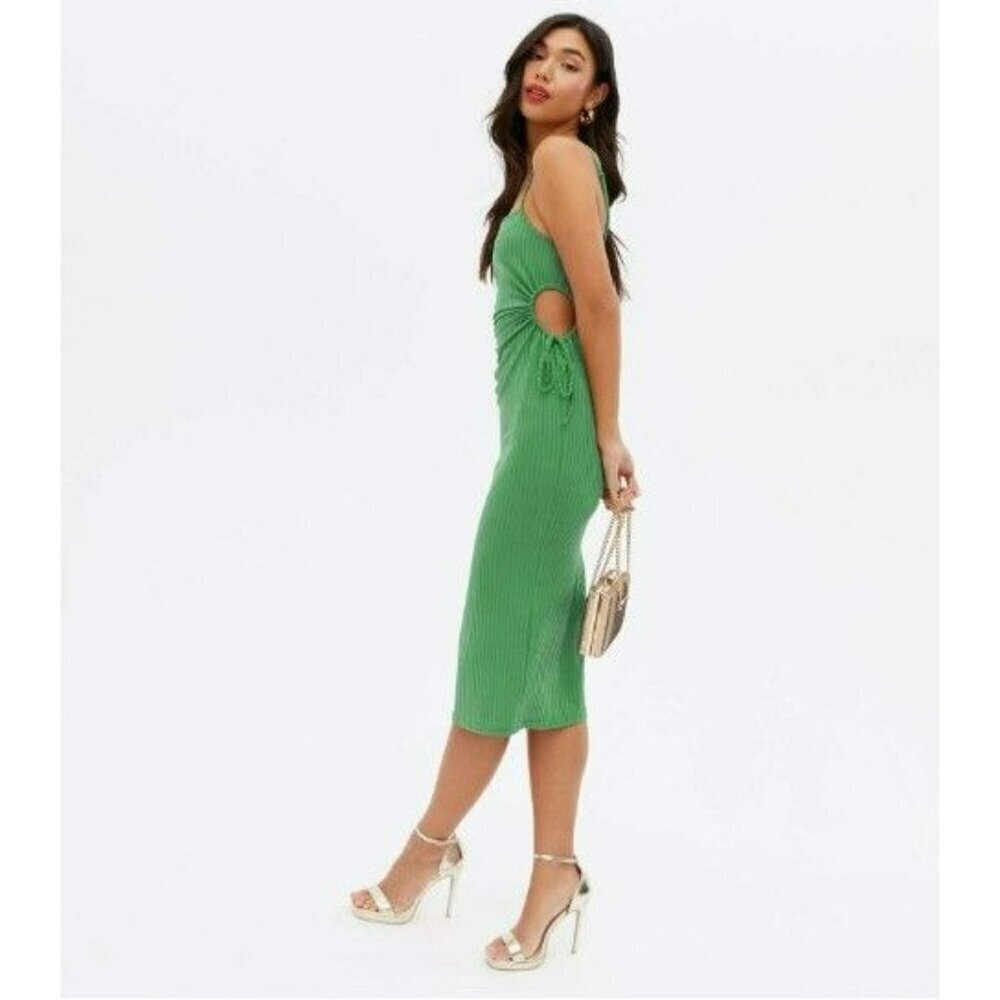 Zara Blue Green Strappy Ribbed Knit Cut Outs Midi Bodycon Dress Small - Picture 8 of 13